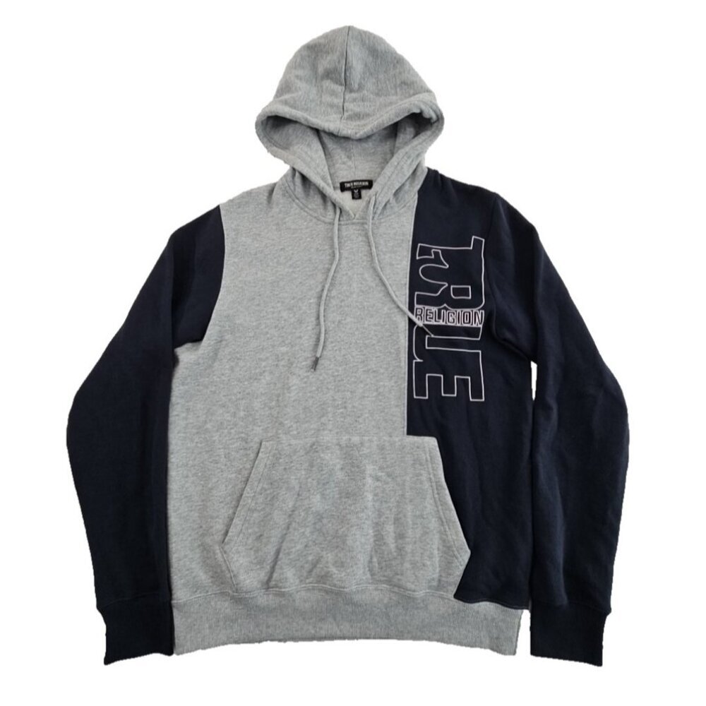 True Religion Colorblock Fleece Logo Hoodie Men's M Black Grey EUC Drawstring LS